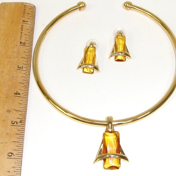 Premier Designs Regency Atomic MCM Style Citrine Look Gold Necklace & Earrings - Picture 2 of 2